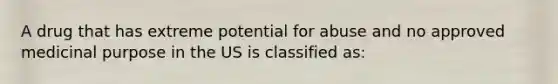 A drug that has extreme potential for abuse and no approved medicinal purpose in the US is classified as: