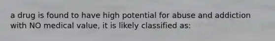 a drug is found to have high potential for abuse and addiction with NO medical value, it is likely classified as: