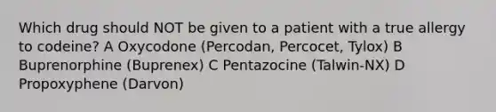 Which drug should NOT be given to a patient with a true allergy to codeine? A Oxycodone (Percodan, Percocet, Tylox) B Buprenorphine (Buprenex) C Pentazocine (Talwin-NX) D Propoxyphene (Darvon)