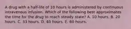 A drug with a half-life of 10 hours is administered by continuous intravenous infusion. Which of the following best approximates the time for the drug to reach steady state? A. 10 hours. B. 20 hours. C. 33 hours. D. 40 hours. E. 60 hours.