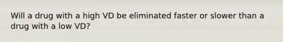 Will a drug with a high VD be eliminated faster or slower than a drug with a low VD?