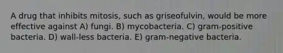 A drug that inhibits mitosis, such as griseofulvin, would be more effective against A) fungi. B) mycobacteria. C) gram-positive bacteria. D) wall-less bacteria. E) gram-negative bacteria.