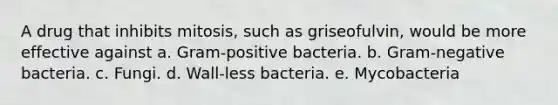 A drug that inhibits mitosis, such as griseofulvin, would be more effective against a. Gram-positive bacteria. b. Gram-negative bacteria. c. Fungi. d. Wall-less bacteria. e. Mycobacteria