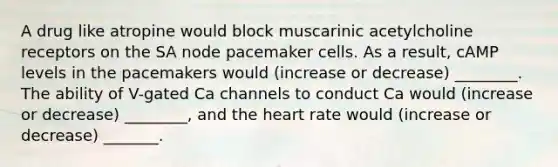 A drug like atropine would block muscarinic acetylcholine receptors on the SA node pacemaker cells. As a result, cAMP levels in the pacemakers would (increase or decrease) ________. The ability of V-gated Ca channels to conduct Ca would (increase or decrease) ________, and the heart rate would (increase or decrease) _______.