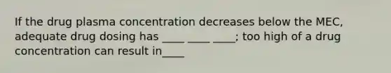 If the drug plasma concentration decreases below the MEC, adequate drug dosing has ____ ____ ____; too high of a drug concentration can result in____