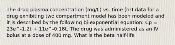 The drug plasma concentration (mg/L) vs. time (hr) data for a drug exhibiting two compartment model has been modeled and it is described by the following bi-exponential equation: Cp = 23e^-1.2t + 11e^-0.18t. The drug was administered as an IV bolus at a dose of 400 mg. What is the beta half-life