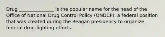 Drug _______________ is the popular name for the head of the Office of National Drug Control Policy (ONDCP), a federal position that was created during the Reagan presidency to organize federal drug-fighting efforts.