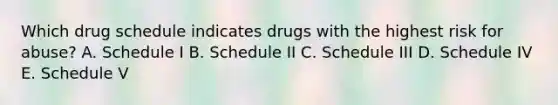 Which drug schedule indicates drugs with the highest risk for abuse? A. Schedule I B. Schedule II C. Schedule III D. Schedule IV E. Schedule V