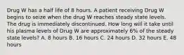 Drug W has a half life of 8 hours. A patient receiving Drug W begins to seize when the drug W reaches steady state levels. The drug is immediately discontinued. How long will it take until his plasma levels of Drug W are approximately 6% of the steady state levels? A. 8 hours B. 16 hours C. 24 hours D. 32 hours E. 48 hours