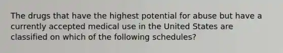 The drugs that have the highest potential for abuse but have a currently accepted medical use in the United States are classified on which of the following schedules?