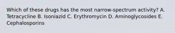 Which of these drugs has the most narrow-spectrum activity? A. Tetracycline B. Isoniazid C. Erythromycin D. Aminoglycosides E. Cephalosporins