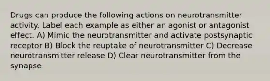 Drugs can produce the following actions on neurotransmitter activity. Label each example as either an agonist or antagonist effect. A) Mimic the neurotransmitter and activate postsynaptic receptor B) Block the reuptake of neurotransmitter C) Decrease neurotransmitter release D) Clear neurotransmitter from the synapse