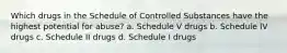 Which drugs in the Schedule of Controlled Substances have the highest potential for abuse? a. Schedule V drugs b. Schedule IV drugs c. Schedule II drugs d. Schedule I drugs