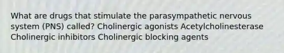 What are drugs that stimulate the parasympathetic nervous system (PNS) called? Cholinergic agonists Acetylcholinesterase Cholinergic inhibitors Cholinergic blocking agents