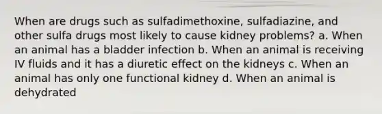 When are drugs such as sulfadimethoxine, sulfadiazine, and other sulfa drugs most likely to cause kidney problems? a. When an animal has a bladder infection b. When an animal is receiving IV fluids and it has a diuretic effect on the kidneys c. When an animal has only one functional kidney d. When an animal is dehydrated