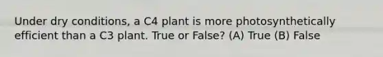 Under dry conditions, a C4 plant is more photosynthetically efficient than a C3 plant. True or False? (A) True (B) False