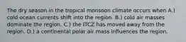 The dry season in the tropical monsoon climate occurs when A.) cold ocean currents shift into the region. B.) cold air masses dominate the region. C.) the ITCZ has moved away from the region. D.) a continental polar air mass influences the region.