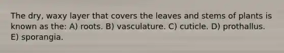 The dry, waxy layer that covers the leaves and stems of plants is known as the: A) roots. B) vasculature. C) cuticle. D) prothallus. E) sporangia.