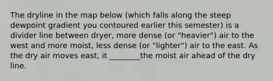The dryline in the map below (which falls along the steep dewpoint gradient you contoured earlier this semester) is a divider line between dryer, more dense (or "heavier") air to the west and more moist, less dense (or "lighter") air to the east. As the dry air moves east, it ________the moist air ahead of the dry line.