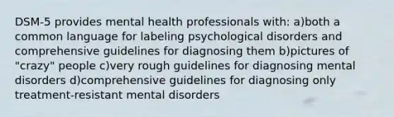 DSM-5 provides mental health professionals with: a)both a common language for labeling psychological disorders and comprehensive guidelines for diagnosing them b)pictures of "crazy" people c)very rough guidelines for diagnosing mental disorders d)comprehensive guidelines for diagnosing only treatment-resistant mental disorders