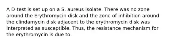 A D-test is set up on a S. aureus isolate. There was no zone around the Erythromycin disk and the zone of inhibition around the clindamycin disk adjacent to the erythromycin disk was interpreted as susceptible. Thus, the resistance mechanism for the erythromycin is due to: