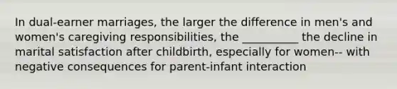 In dual-earner marriages, the larger the difference in men's and women's caregiving responsibilities, the __________ the decline in marital satisfaction after childbirth, especially for women-- with negative consequences for parent-infant interaction