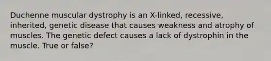 Duchenne muscular dystrophy is an X-linked, recessive, inherited, genetic disease that causes weakness and atrophy of muscles. The genetic defect causes a lack of dystrophin in the muscle. True or false?