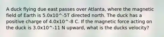 A duck flying due east passes over Atlanta, where the magnetic field of Earth is 5.0x10^-5T directed north. The duck has a positive charge of 4.0x10^-8 C. If the magnetic force acting on the duck is 3.0x10^-11 N upward, what is the ducks velocity?