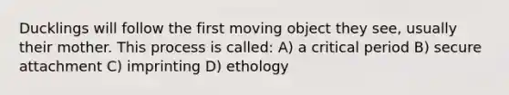 Ducklings will follow the first moving object they see, usually their mother. This process is called: A) a critical period B) secure attachment C) imprinting D) ethology