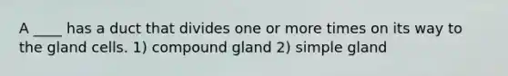 A ____ has a duct that divides one or more times on its way to the gland cells. 1) compound gland 2) simple gland