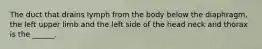The duct that drains lymph from the body below the diaphragm, the left upper limb and the left side of the head neck and thorax is the ______.