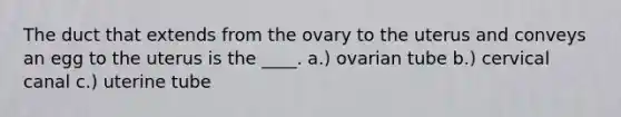 The duct that extends from the ovary to the uterus and conveys an egg to the uterus is the ____. a.) ovarian tube b.) cervical canal c.) uterine tube