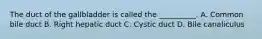 The duct of the gallbladder is called the __________. A. Common bile duct B. Right hepatic duct C. Cystic duct D. Bile canaliculus