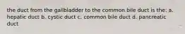 the duct from the gallbladder to the common bile duct is the: a. hepatic duct b. cystic duct c. common bile duct d. pancreatic duct