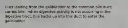 Duct leading from the gallbladder to the common bile duct; carries bile, -when digestive activity is not occurring in the digestive tract, bile backs up into this duct to enter the gallbladder