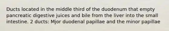 Ducts located in the middle third of the duodenum that empty pancreatic digestive juices and bile from the liver into the small intestine. 2 ducts: Mjor duodenal papillae and the minor papillae