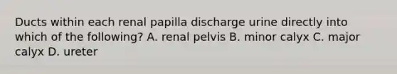 Ducts within each renal papilla discharge urine directly into which of the following? A. renal pelvis B. minor calyx C. major calyx D. ureter