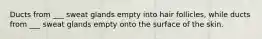Ducts from ___ sweat glands empty into hair follicles, while ducts from ___ sweat glands empty onto the surface of the skin.