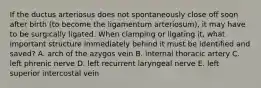 If the ductus arteriosus does not spontaneously close off soon after birth (to become the ligamentum arteriosum), it may have to be surgically ligated. When clamping or ligating it, what important structure immediately behind it must be identified and saved? A. arch of the azygos vein B. internal thoracic artery C. left phrenic nerve D. left recurrent laryngeal nerve E. left superior intercostal vein
