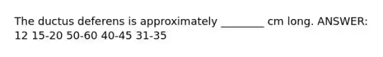 The ductus deferens is approximately ________ cm long. ANSWER: 12 15-20 50-60 40-45 31-35