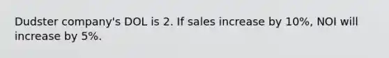 Dudster​ company's DOL is 2. If sales increase by​ 10%, NOI will increase by​ 5%.