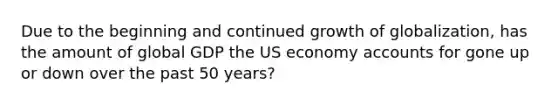 Due to the beginning and continued growth of globalization, has the amount of global GDP the US economy accounts for gone up or down over the past 50 years?