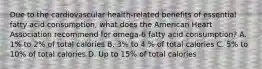 Due to the cardiovascular health-related benefits of essential fatty acid consumption, what does the American Heart Association recommend for omega-6 fatty acid consumption? A. 1% to 2% of total calories B. 3% to 4 % of total calories C. 5% to 10% of total calories D. Up to 15% of total calories