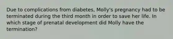 Due to complications from diabetes, Molly's pregnancy had to be terminated during the third month in order to save her life. In which stage of prenatal development did Molly have the termination?