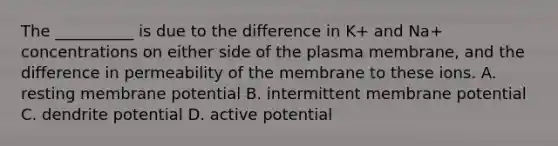 The __________ is due to the difference in K+ and Na+ concentrations on either side of the plasma membrane, and the difference in permeability of the membrane to these ions. A. resting membrane potential B. intermittent membrane potential C. dendrite potential D. active potential