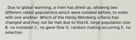 . Due to global warming, a river has dried up, allowing two different rabbit populations,which were isolated before, to mate with one another. Which of the Hardy-Weinberg criteria has changed and may not be met due to this?A. large population size B. no mutation C. no gene flow D. random mating occurring E. no selection