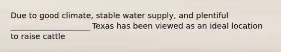 Due to good climate, stable water supply, and plentiful ____________________ Texas has been viewed as an ideal location to raise cattle