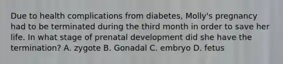 Due to health complications from diabetes, Molly's pregnancy had to be terminated during the third month in order to save her life. In what stage of prenatal development did she have the termination? A. zygote B. Gonadal C. embryo D. fetus