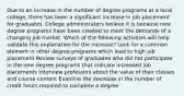 Due to an increase in the number of degree programs at a local college, there has been a significant increase in job placement for graduates. College administrators believe it is because new degree programs have been created to meet the demands of a changing job market. Which of the following activities will help validate this explanation for the increase? Look for a common element in other degree programs which lead to high job placement Review surveys of graduates who did not participate in the new degree programs that indicate increased job placements Interview professors about the value of their classes and course content Examine the decrease in the number of credit hours required to complete a degree