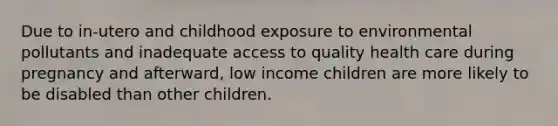 Due to in-utero and childhood exposure to environmental pollutants and inadequate access to quality health care during pregnancy and afterward, low income children are more likely to be disabled than other children.